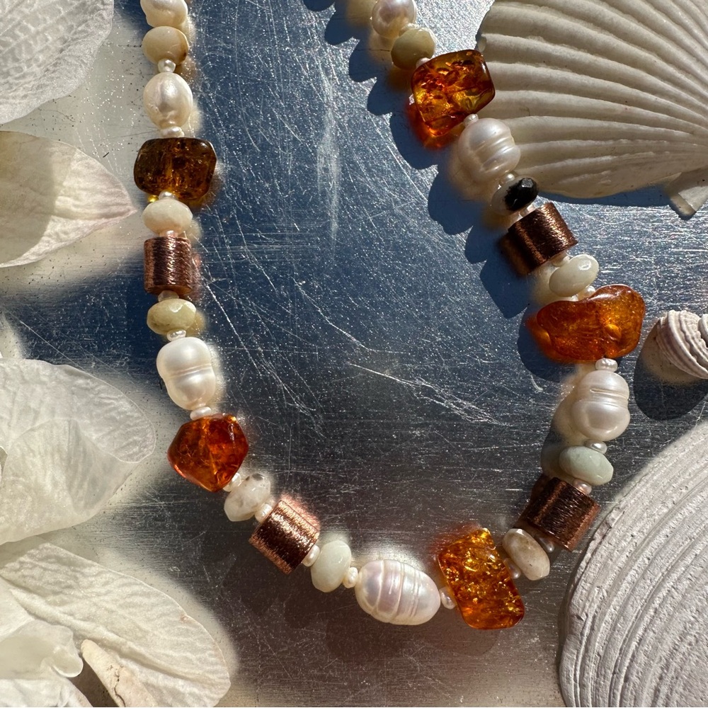 Amber + Pearl + Copper Beaded Necklace OOAK